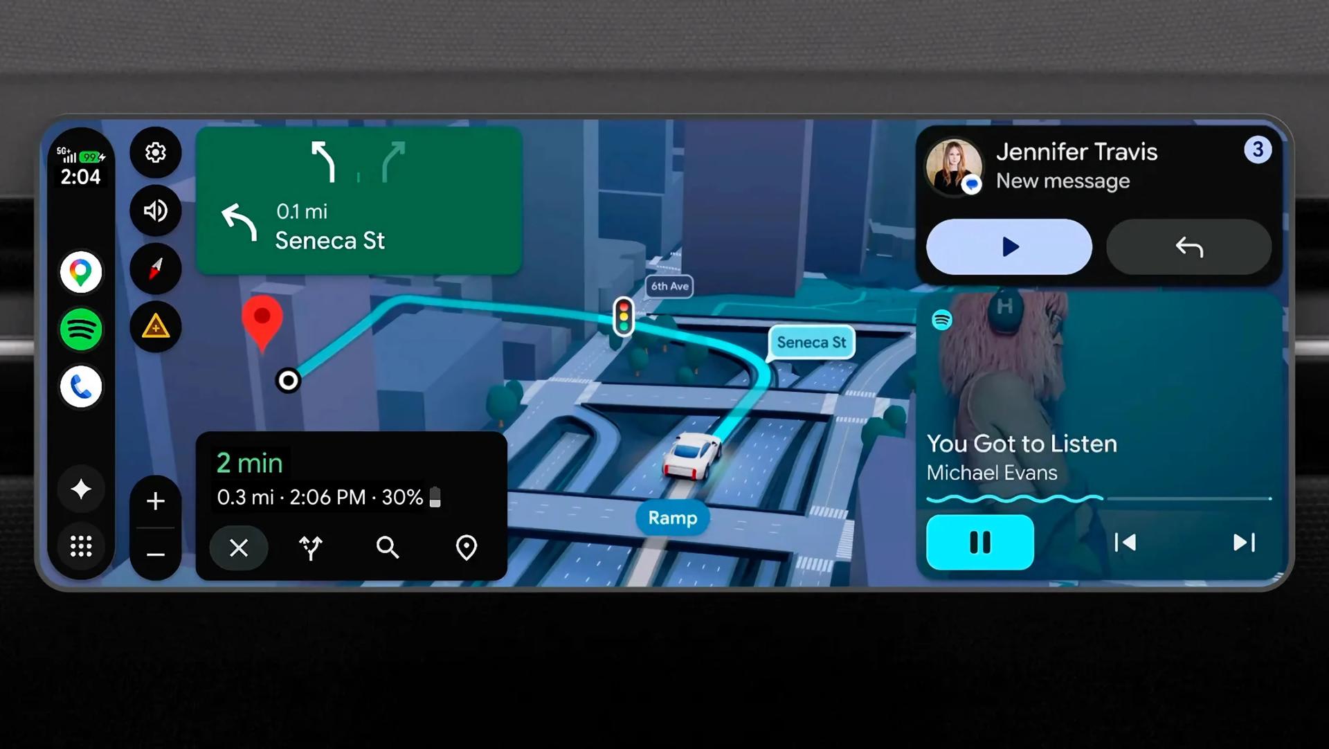 Fotografía cedida este 12 de mayo por Google que muestra la función denominada 'Live Lane Guidance' ('guía de carril en vivo'), que utiliza la cámara frontal del automóvil para analizar el entorno en tiempo real y anunciar el momento idóneo para cambiar de carril, en Nueva York (NY, EE.UU.). EFE/Google
