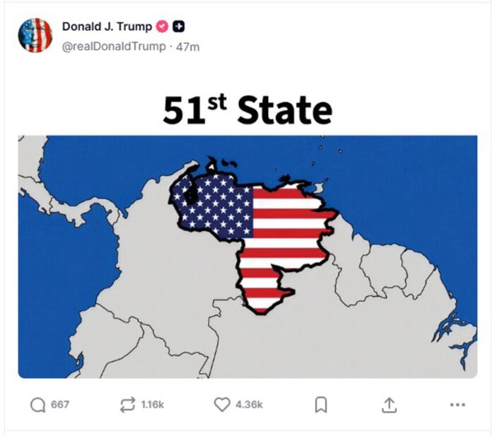 Imagen difundida este martes en la cuenta de Truth Social @realDonaldTrump del presidente de EE.UU., Donald Trump, de un mapa de Venezuela con la bandera de Estados Unidos y un texto que la identifica como el estado 51. EFE/ @realDonaldTrump /SOLO USO EDITORIAL/ SOLO DISPONIBLE PARA ILUSTRAR LA NOTICIA QUE ACOMPAÑA (CRÉDITO OBLIGATORIO)
