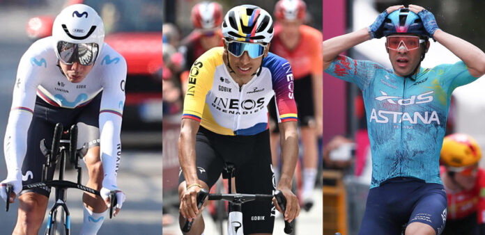 Combo de fotografías que muestra a los ciclistas Orluis Aular (i), Egan Bernal (c) y Thomas Silva. Mientras el ciclismo ha destronado al fútbol en Uruguay por culpa del soberbio debut en el Giro de Italia de Thomas Silva, en Colombia el interés renació con el buen comienzo del excampeón Egan Bernal, mientras en Ecuador y Venezuela y se celebran éxitos y en Chile se sigue con expectación a Vicente Rojas. EFE/ Archivo

