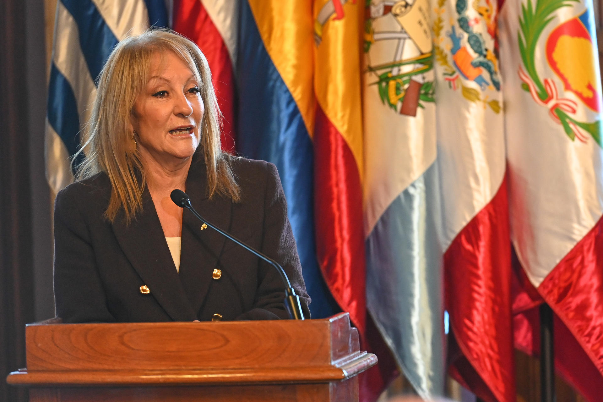 La vicepresidenta de Uruguay, Carolina Cosse, habla durante un seminario en el salón de Eventos Especiales del Palacio Legislativo este miércoles, en Montevideo (Uruguay). EFE/ Federico Gutiérrez
