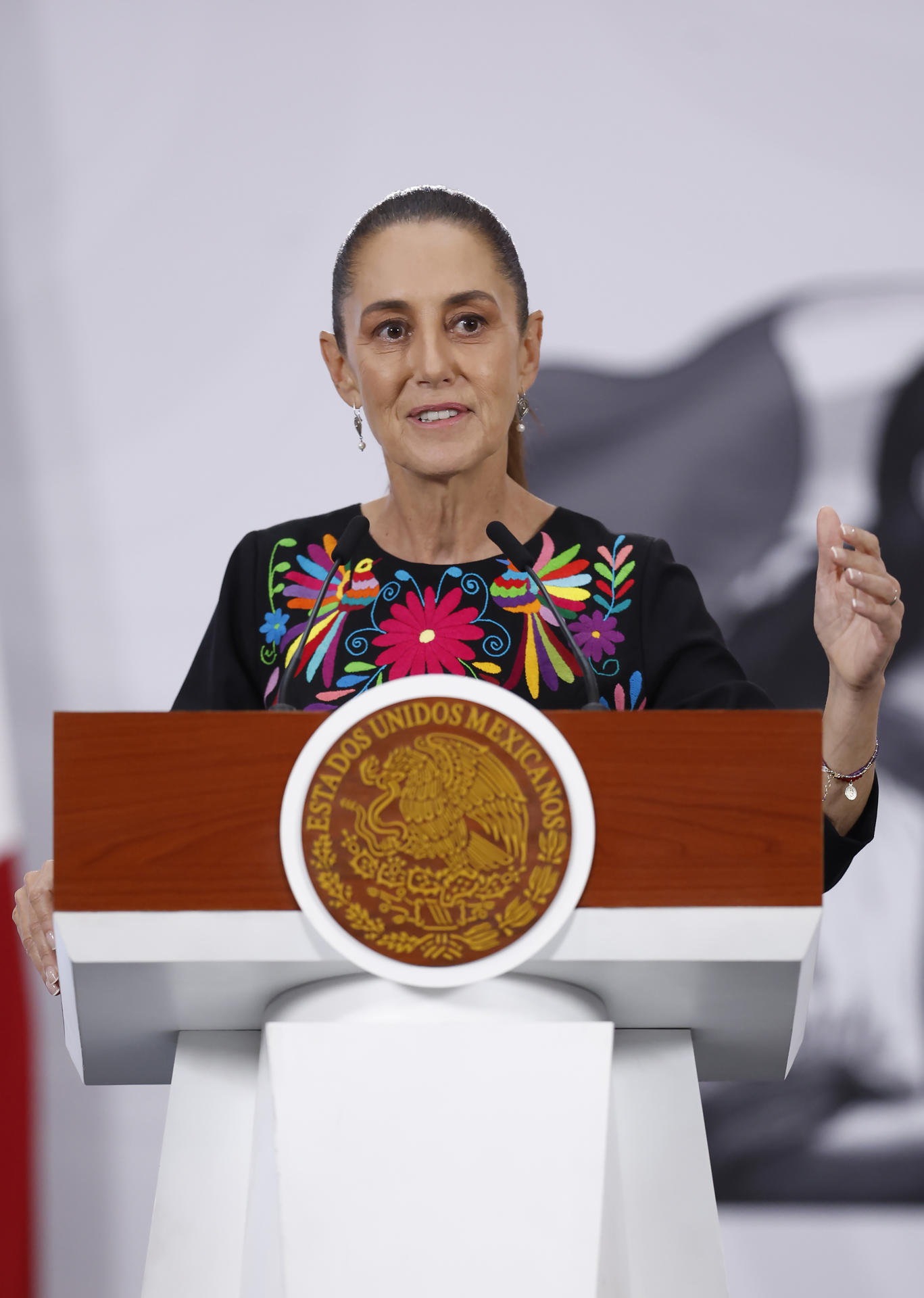 La presidenta de México, Claudia Sheinbaum, habla durante una rueda de prensa este jueves, en el Palacio Nacional en Ciudad de México (México). EFE/ Sáshenka Gutiérrez
