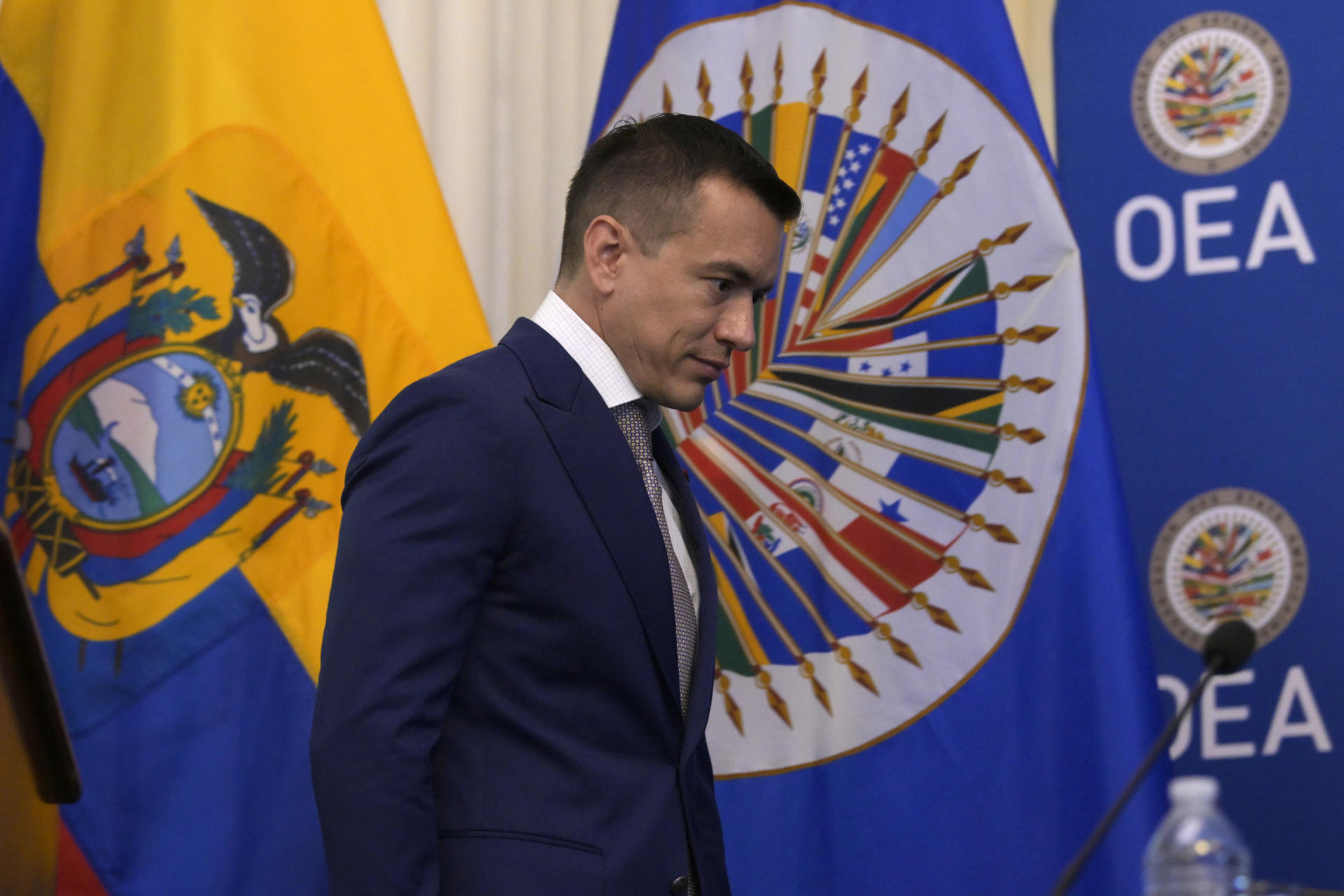 El presidente de Ecuador, Daniel Noboa, asiste a un evento este jueves, en la sede de la Organización de los Estados Americanos (OEA) en Washington (Estados Unidos). EFE/ Lenin Nolly
