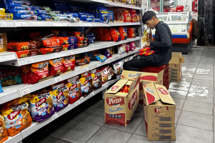 Una trabajador organiza productos en una tienda este jueves, en Buenos Aires (Argentina). EFE/ Juan Ignacio Roncoroni
