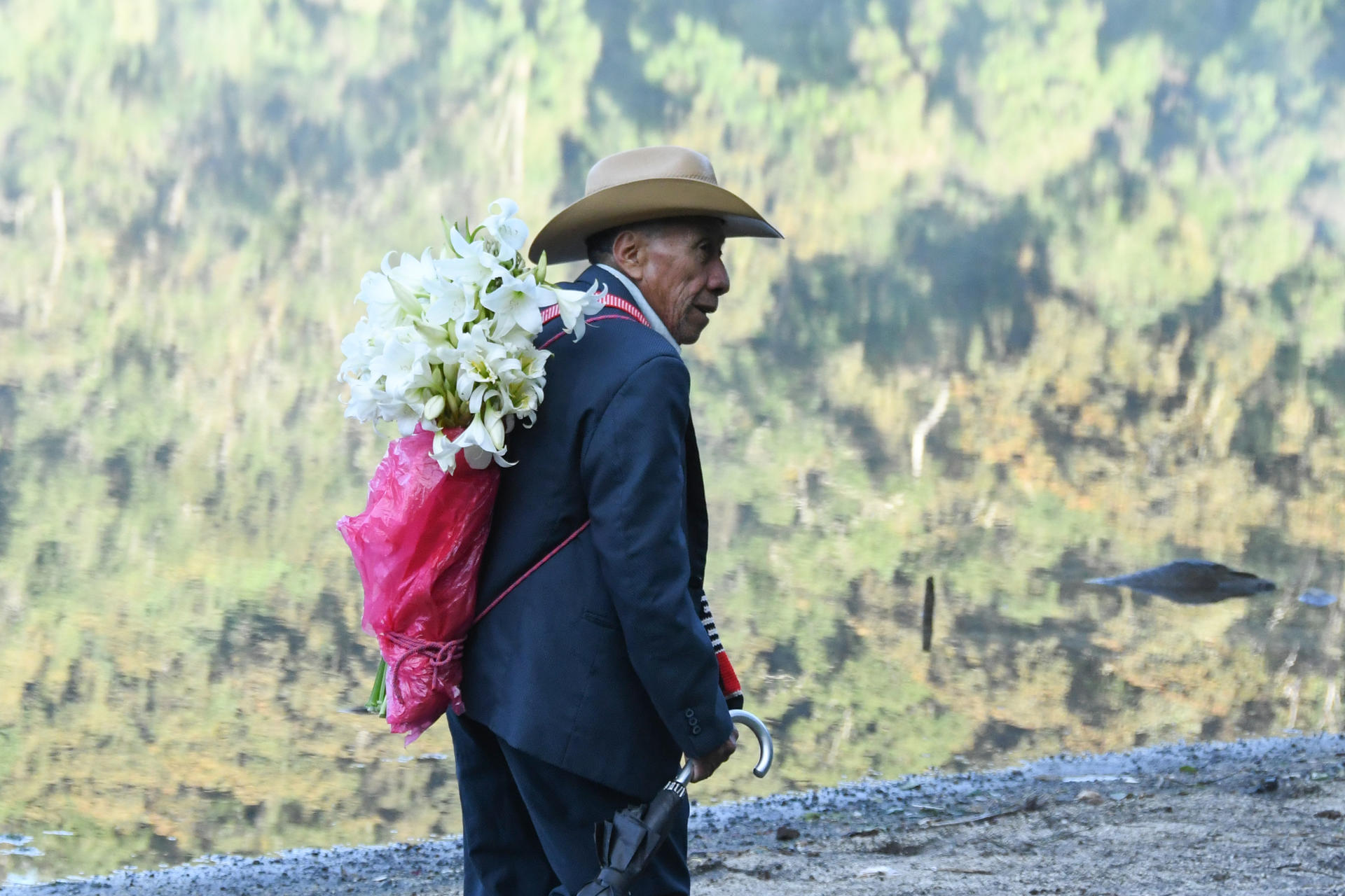 Un indígena de la etnia maya fue captado este 14 de mayo al cargar flores en su espalda, previo a una ceremonia ancestral, en la laguna de Chicabal, en San Martín Sacatepéquez (Guatemala). EFE/Alex Cruz