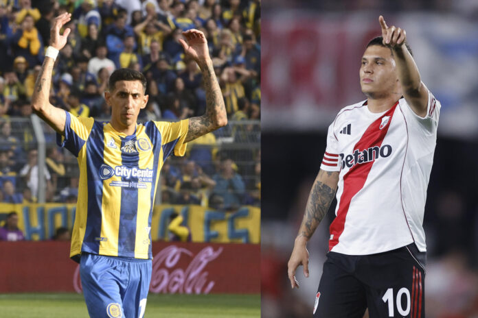 Combo de fotografías de archivo que muestran a los creativos de Rosario Central y River Plate: Ángel Di María (i), y el colombiano Juan Fernando Quintero, que se enfrentarán este sábado en las semifinales del Torneo Apertura argentino. EFE/ Sebastián Granata/ Juan Ignacio Roncoroni/ ARCHIVO
