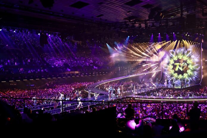 Imagen de la puesta en escena en Viena del concurso Eurovision 2026.EFE/EPA/HANNIBAL HANSCHKE

