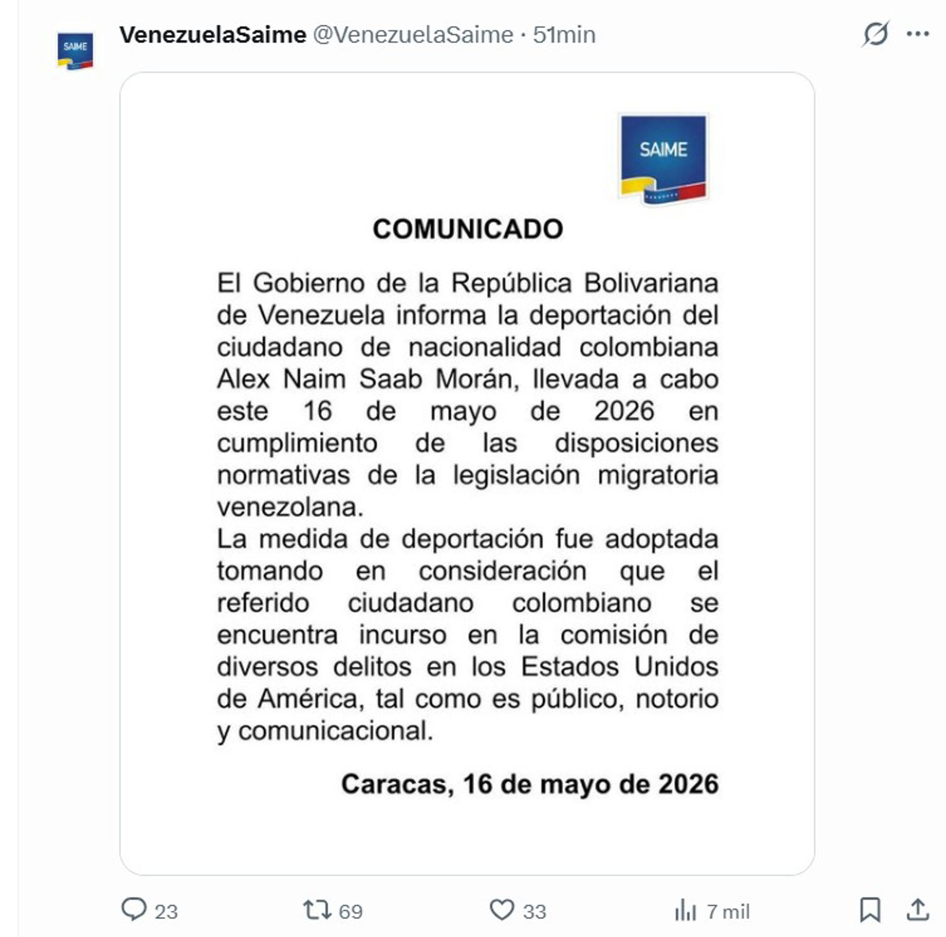 Captura de una publicación difundida por el Servicio Administrativo de Identificación, Migración y Extranjería (Saime) de Venezuela de un comunicado que informa de la deportación del exministro y empresario colombiano Alex Saab a Estados Unidos este 17 de mayo de 2026. EFE/ @VenezuelaSaime

