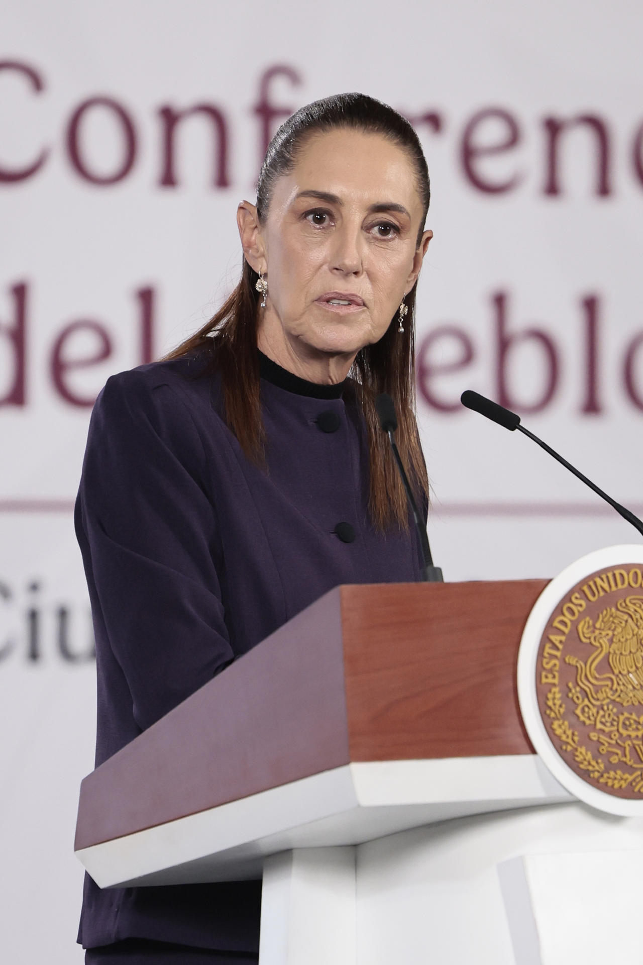La presidenta de México, Claudia Sheinbaum, habla durante una rueda de prensa este lunes en el Palacio Nacional de la Ciudad de México (México). EFE/José Méndez
