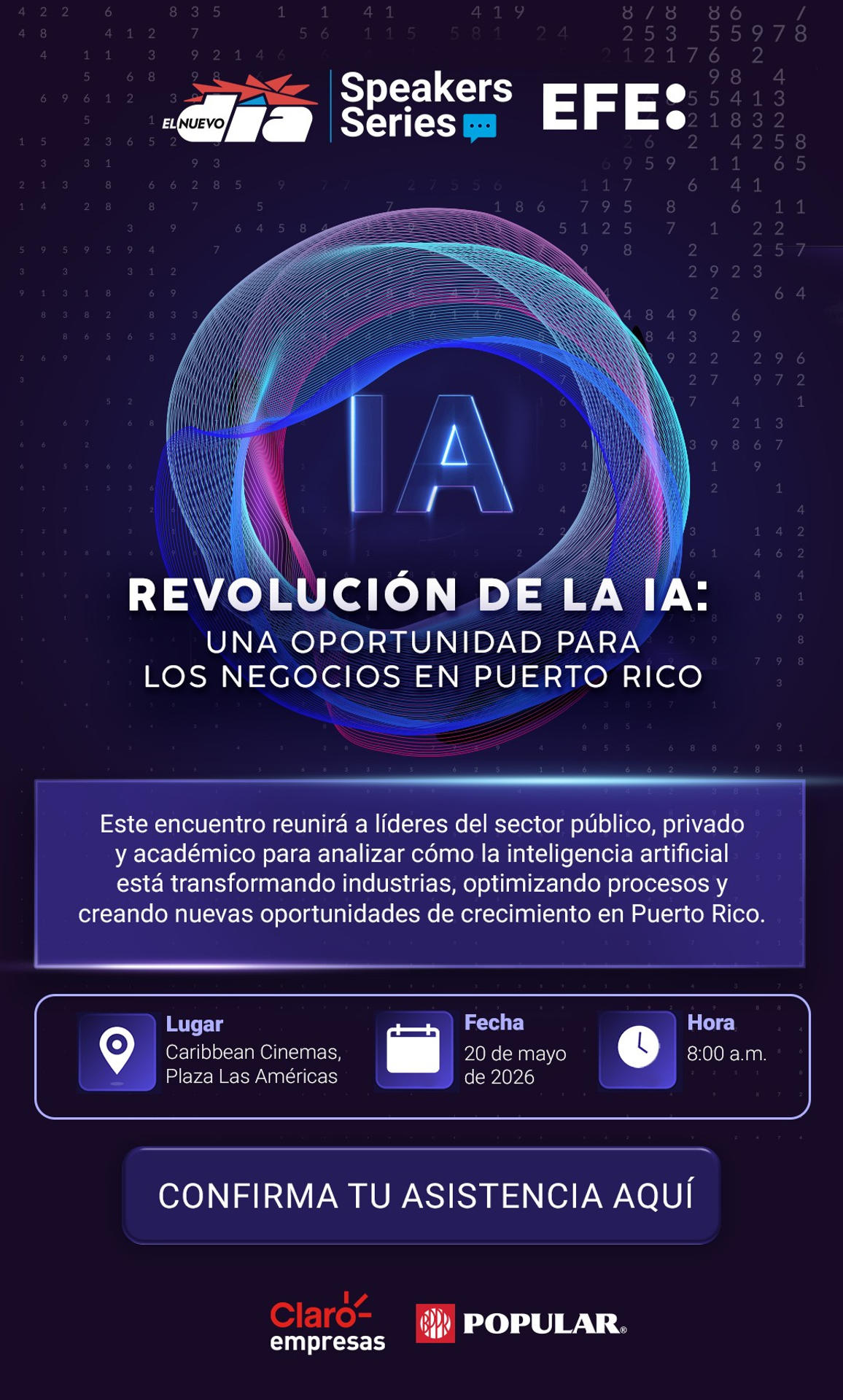 Las oportunidades y desafíos que supone la inteligencia artificial (IA) es el tema del nuevo foro organizado en el marco de la alianza entre GFR Media y la Agencia EFE, que se celebra este próximo miércoles, 20 de mayo, en Puerto Rico. EFE/ El Nuevo Día- GFR Media
