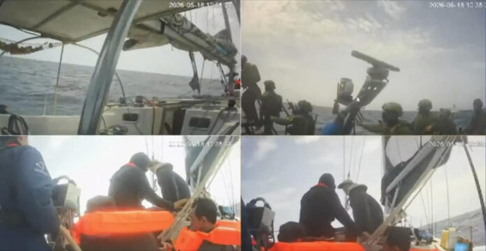 JERUSALÉN/ROMA, 18/05/2026.- Captura de un video de retransmisión en directo de los propios barcos de la Flotilla Global Sumud que se encuentran rumbo a la Franja de Gaza, donde se observa cómo los militares abordan uno de los buques. La propia Flotilla denuncia en sus canales que 
