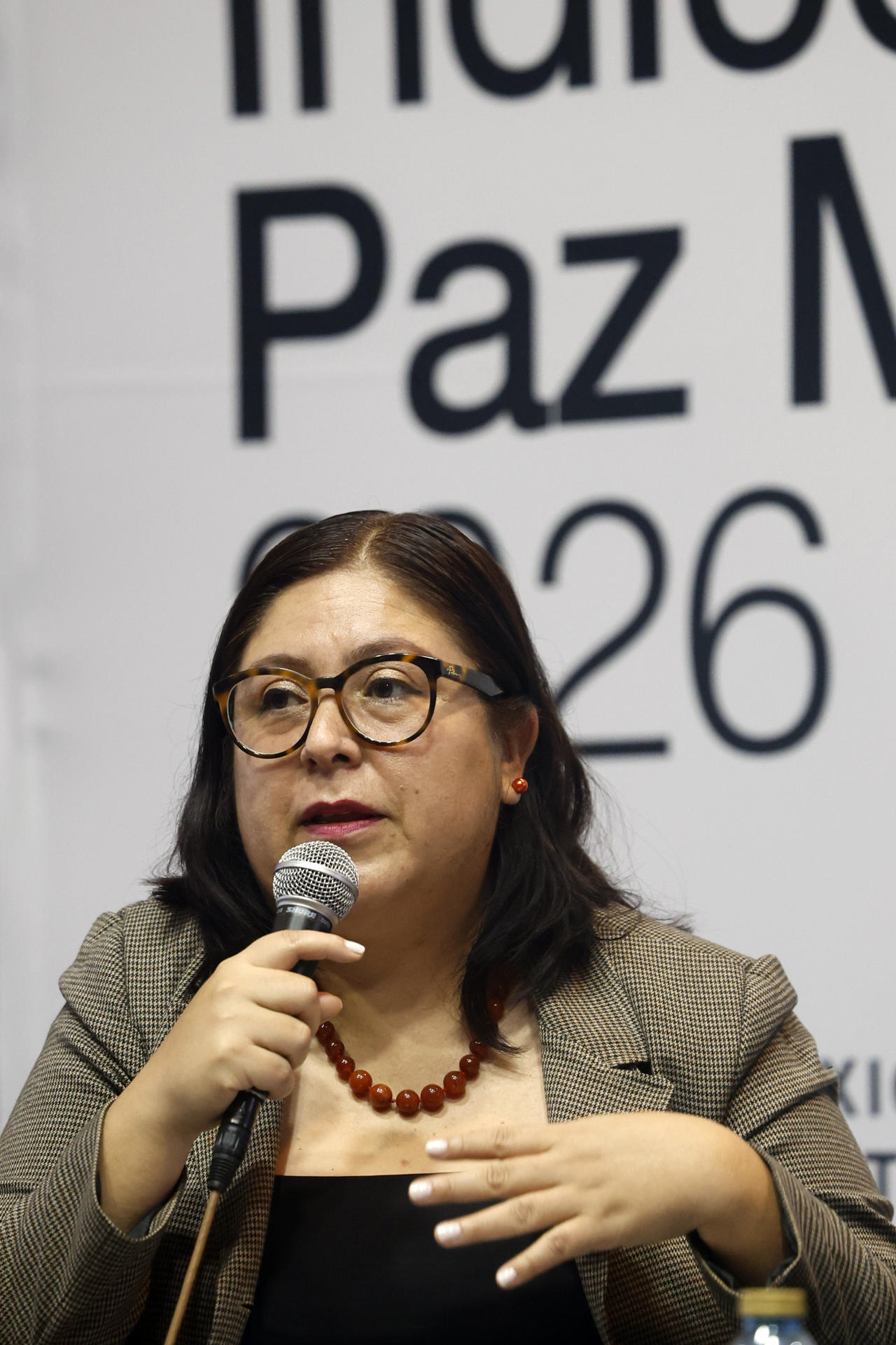La investigadora en la Universidad Nacional Autónoma de México (UNAM), Lucía Carmina Jasso, habla durante la presentación del estudio 'Índice de Paz México 2026' este martes, en Ciudad de México (México). EFE/ Sáshenka Gutiérrez