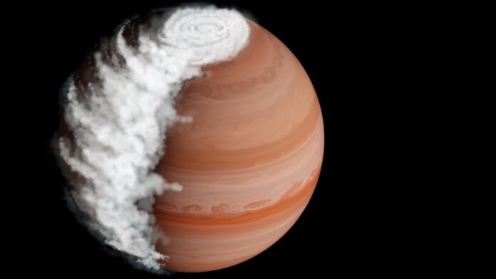 Representación artística de WASP94-A b, un gigante gaseoso en la constelación de Microscopium. Las nubes se acumulan a medida que el aire fluye sobre el lado oscuro del planeta, alcanzando una gran marejada al amanecer. Las nubes se disipan en el lado diurno, dejando cielos despejados al principio de la tarde. Crédito Hannah Robbins, Universidad Johns Hopkins
