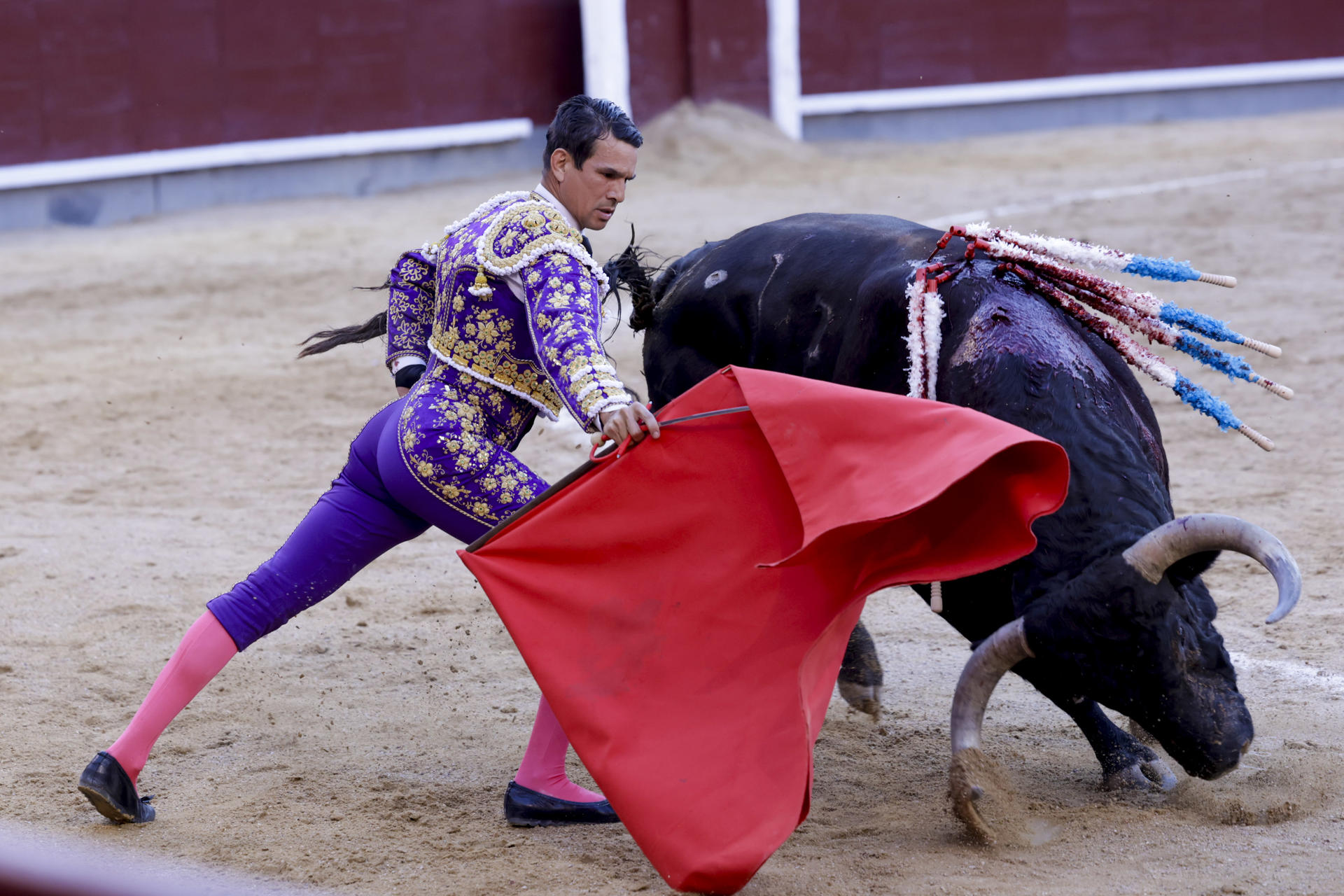 - El diestro José María Manzanares da un pase al segundo toro de su lote, durante la corrida de la Feria de San Isidro celebrada este jueves en la plaza de toros de Las Ventas, en Madrid. EFE/Juanjo Martín
