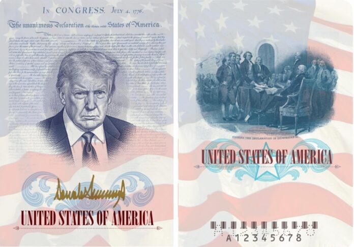 Fotografía divulgada por el Departamento de Estado de Estados Unidos que muestra dos páginas de un pasaporte, en una aparece el rostro del presidente Donald Trump enmarcado por la Declaración de Independencia y la bandera estadounidense, junto con su firma en color dorado; y en la otra página muestra a los Padres Fundadores firmando la declaración. EFE/ Departamento de Estado EEUU /SOLO USO EDITORIAL/ NO VENTAS/ SOLO DISPONIBLE PARA ILUSTRAR LA NOTICIA QUE ACOMPAÑA (CRÉDITO OBLIGATORIO)
