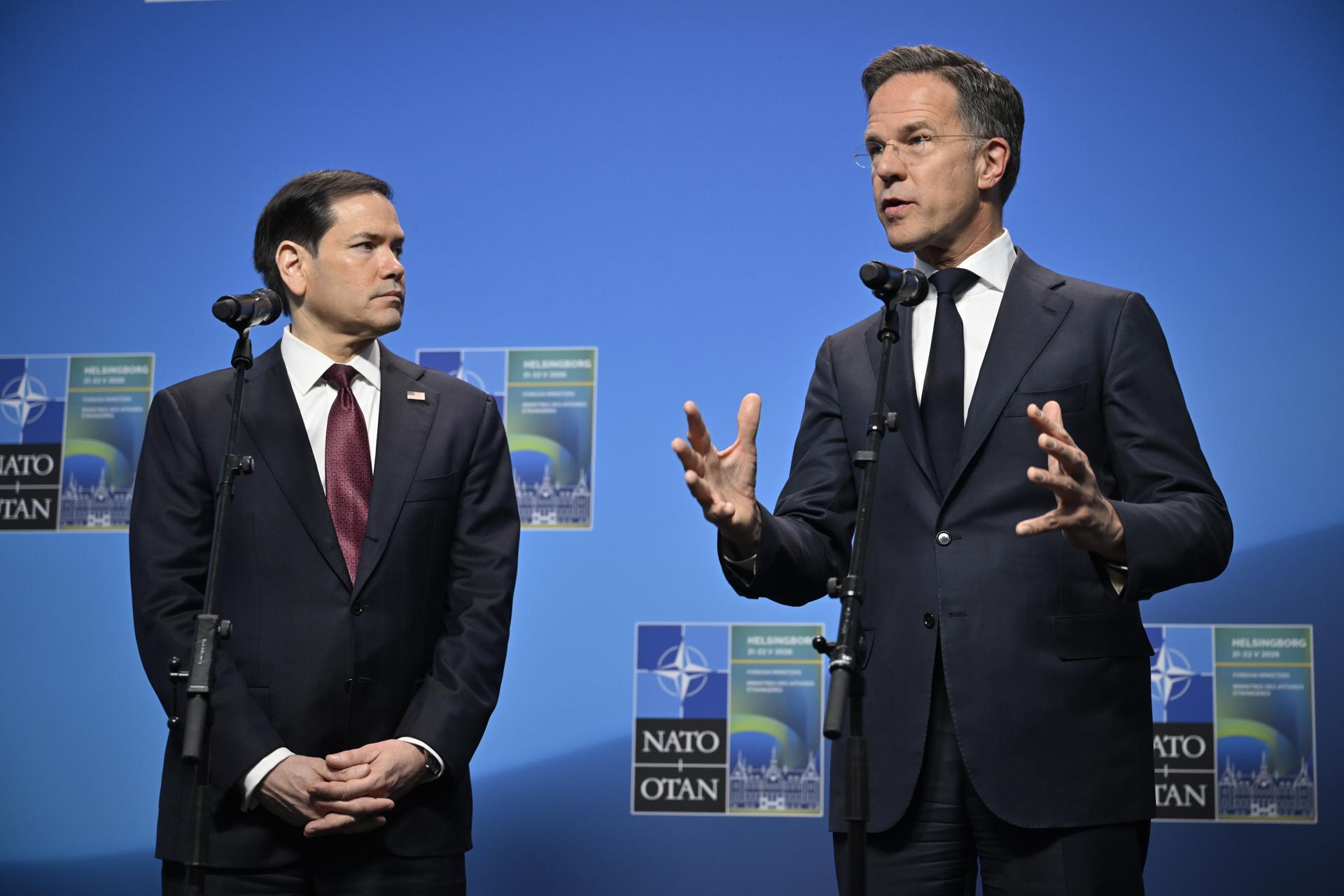 El secretario de Estado de EE. UU., Marco Rubio, y el secretario general de la OTAN, Mark Rutte. EFE/EPA/JOHAN NILSSON/TT SWEDEN OUT
