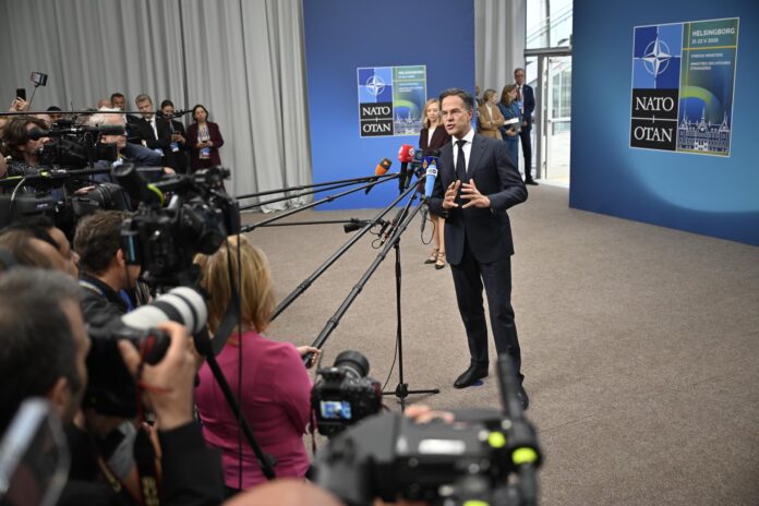 El secretario general de la OTAN, Mark Rutte, pronuncia un discurso a las puertas de la reunión de ministros de Asuntos Exteriores de la OTAN en Sea U, Helsingborg, Suecia, el 22 de mayo de 2026.(Suecia) EFE/EPA/JOHAN NILSSON SWEDEN OUT
