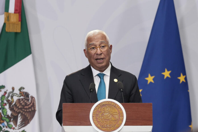 El presidente del Consejo Europeo, António Costa, habla durante una rueda de prensa este viernes, en el Palacio Nacional de Ciudad de México (México). EFE/José Méndez

