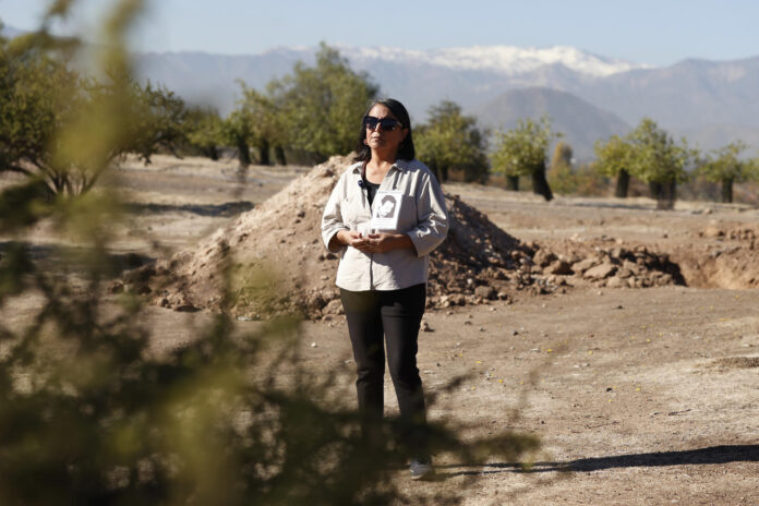 Fotografía del 11 de mayo 2026 en la que aparece la integrante de la Agrupación de Familiares de Ejecutados Políticos (AFEP), Mónica Monsalves, posando en Cerro Chena, lugar donde fusilaron a su padre en 1973 y donde se realizan excavaciones para buscar un posible cementerio clandestino de la dictadura, en Santiago (Chile). EFE/ Elvis González
