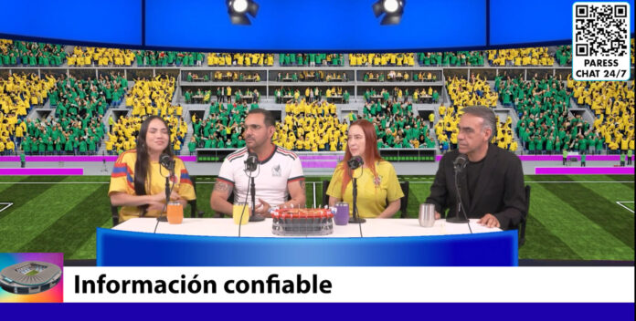 Captura de video cedido por Reckitt- SICO que muestra al comentarista Enrique Garay (d), la psicóloga colombiana Leidy Montoya (c-d), el doctor Juan Antonio Rodríguez (c-i), y la psicóloga brasileña Eliane Marcia Tormes, hablando durante el programa el entrenamiento de salud sexual realizado por la alianza SICOnfío a través de la campaña regional “Que no te metan gol”. EFE/ Reckitt- Sico
