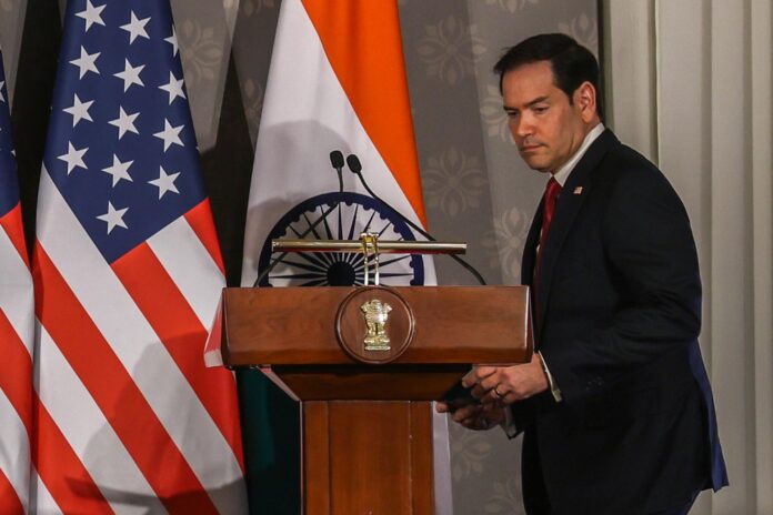 New Delhi (India), 26/05/2026.- El secretario de Estado de Estados Unidos, Marco Rubio, durante una rueda de prensa en Nueva Delhi. EFE/EPA/RAJAT GUPTA
