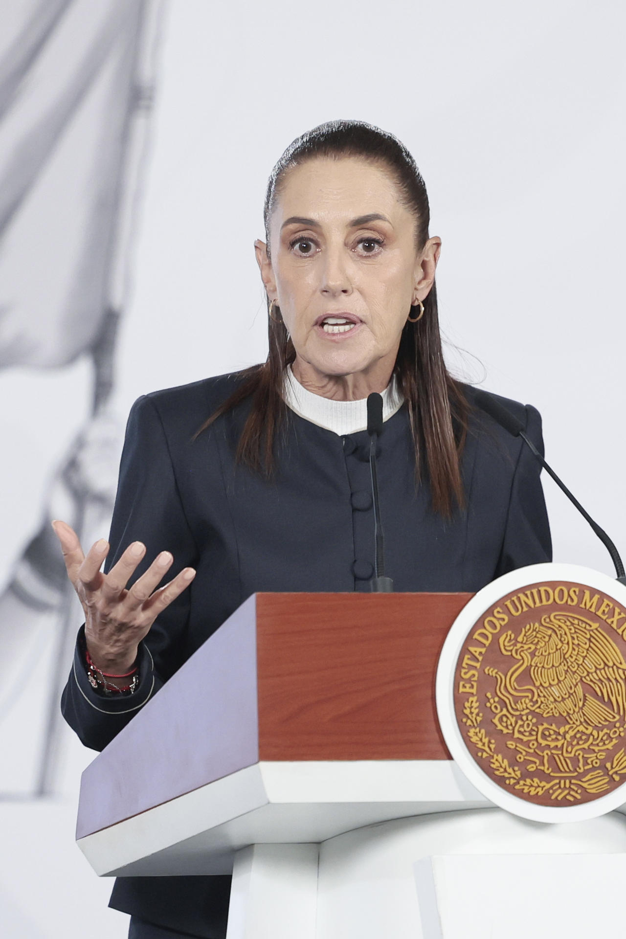 La presidenta de México, Claudia Sheinbaum, habla durante una rueda de prensa este martes, en el Palacio Nacional de la Ciudad de México (México). EFE/ José Méndez
