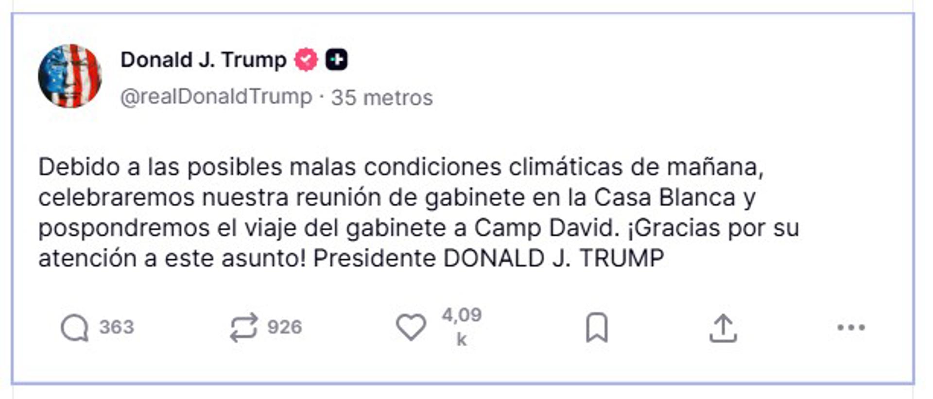 Captura de pantalla de un mensaje en la cuenta de Truth Social @realDonaldTrump del presidente de EE.UU., Donald Trump, en el que anuncia que la reunión que convocó para el miércoles en Camp David se celebrará finalmente en la Casa Blanca debido al mal clima. EFE/ @realDonaldTrump /SOLO USO EDITORIAL/NO VENTAS/SOLO DISPONIBLE PARA ILUSTRAR LA NOTICIA QUE ACOMPAÑA (CRÉDITO OBLIGATORIO)
