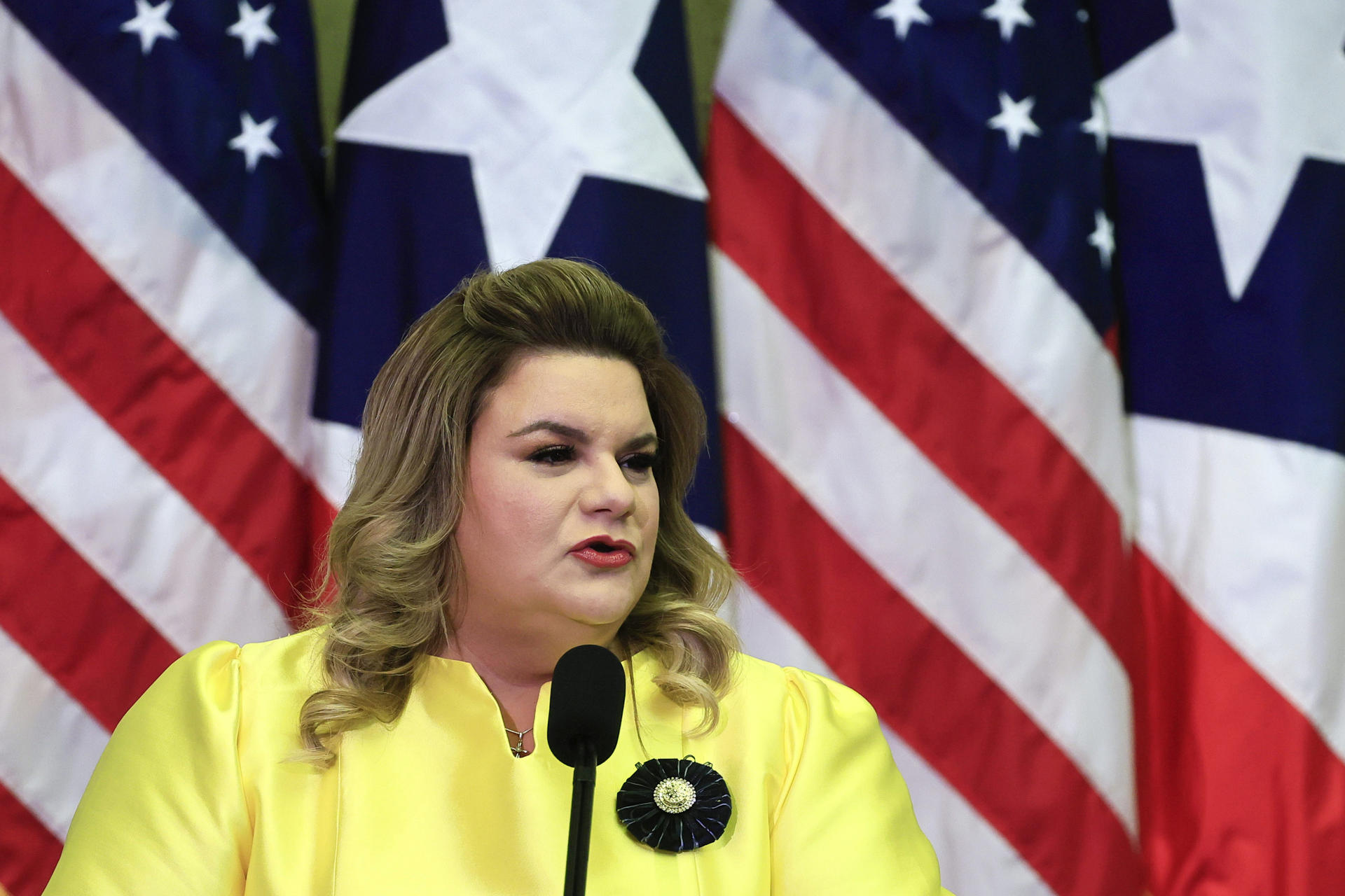 La gobernadora de Puerto Rico, Jeniffer González, habla en el Capitolio de Puerto Rico en San Juan (Puerto Rico). Imagen de archivo. EFE/ Thais Llorca
