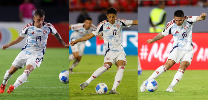 Kenneth Vargas (i), Warren Madrigal (c) y Alejandro Bran fueron separados este martes de la selección de Costa Rica que se prepara para jugar partidos amistosos contra las de Colombia e Inglaterra por su relación con hechos violentos registrados a las afueras de un bar. EFE/ Bienvenido Velasco/ ARCHIVO
