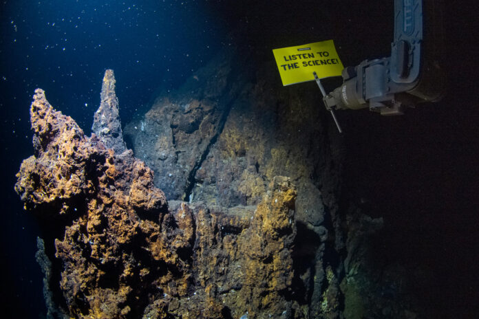 Greenpeace (expedition led by Greenpeace International, Greenpeace Germany and Greenpeace Nordic) deploy an underwater robot and banner reading 'Listen To The Science' to deliver a direct message to global leaders from 2,300 meters below the surface, in the deepest protest ever made.
Imagen de la pancarta instalada en el fondo marino ártico cedida por Greenpeace. EFE
