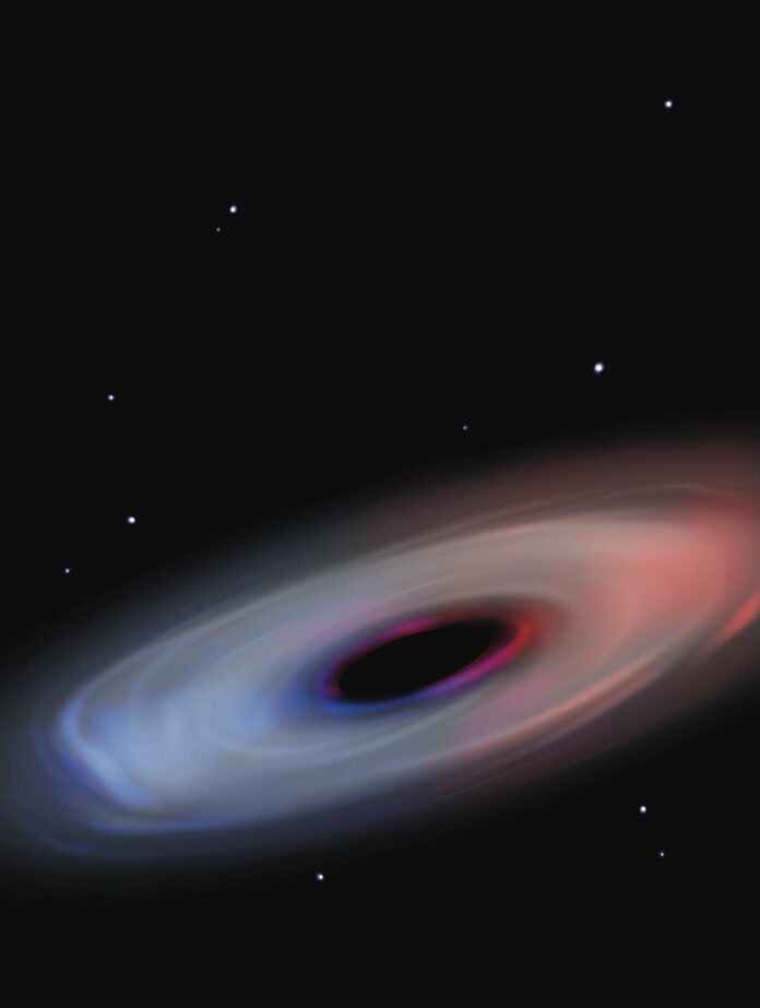 Representación artística del gas que rodea el agujero negro de Abell2744-QSO1. Crédito: Jiarong Gu /Imagen cedida por Nature.
