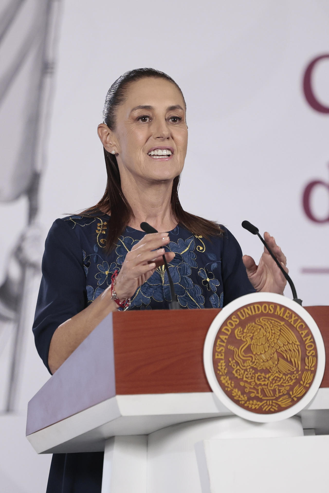La presidenta de México, Claudia Sheinbaum, habla durante una rueda de prensa este jueves en el Palacio Nacional de la Ciudad de México (México). EFE/José Méndez