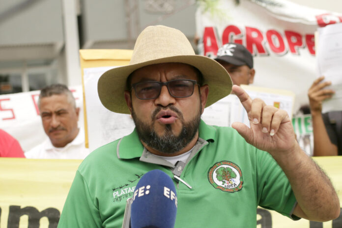 El portavoz de la Plataforma Agraria, Yony Rivas, habla durante una entrevista con EFE este jueves en Tegucigalpa (Honduras). EFE/Gustavo Amador

