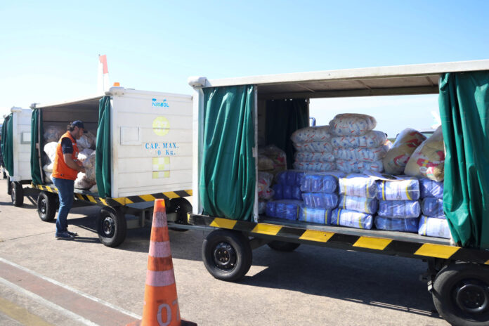 Un integrante de la Defensa Civil de Bolivia descarga alimentos donados por Paraguay en Santa Cruz (Bolivia). EFE/ Juan Carlos Torrejon
