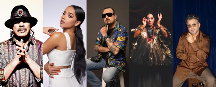 Combo de fotografías cedidas por productoras musicales donde aparecen de izquierda a derecha, Carlos Santana; Becky G; Pepe Aguilar; Lila Downs, y Luis Enrique. EFE/ Productoras Musicales/ /SOLO USO EDITORIAL/NO VENTAS/SOLO DISPONIBLE PARA ILUSTRAR LA NOTICIA QUE ACOMPAÑA (CRÉDITO OBLIGATORIO)
