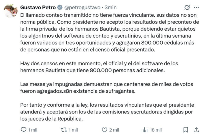 Captura de pantalla de la cuenta oficial en X del presidente de Colombia, Gustavo Petro, @petrogustavo que muestra un mensaje en el que indica que no acepta resultados del conteo electoral que dieron la victoria a De la Espriella. EFE/ @petrogustavo
