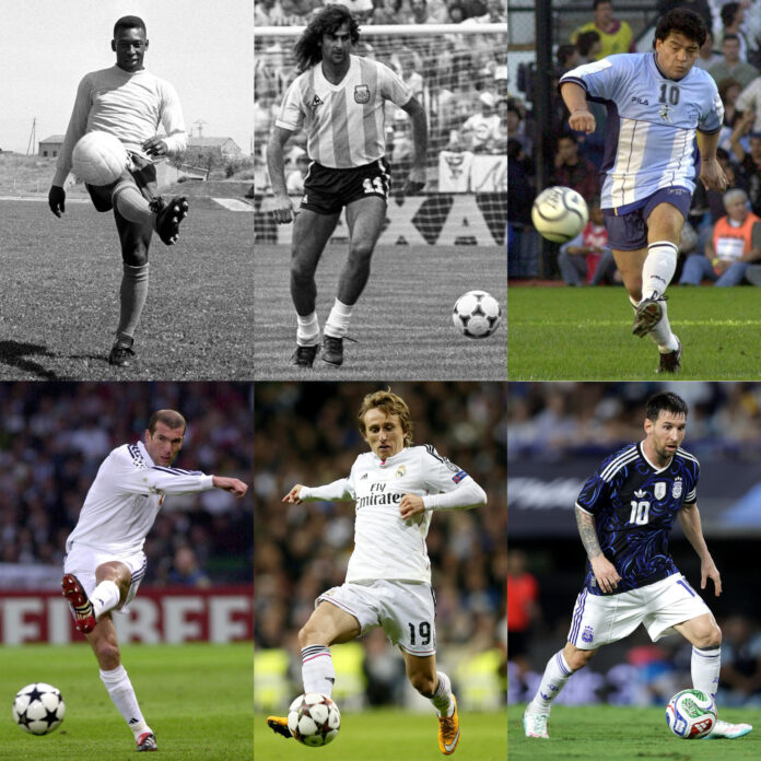 Combo de fotografías de archivo que muestra al brasileño Pelé (i-arriba), el argentino Mario Alberto Kempes (c-arriba), al argentino Diego Armando Maradona (d-arriba), el francés Zinedine Zidane (i-abajo), al croata Luka Modrić (c-abajo) y al argentino Lionel Messi. El dorsal 10 posee en el fútbol una mística única por cuenta de las leyendas que han portado dicha camiseta. EFE/ JGB/ Kote Rodrigo/ Rodrigo Jiménez/ Adán González
