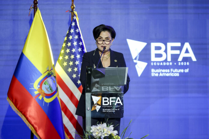 La canciller de Ecuador, Gabriela Sommerfeld, habla durante la inauguración del Business Future of the Americas (BFA) este 3 de junio de 2026, en Quito (Ecuador). EFE/ José Jácome
