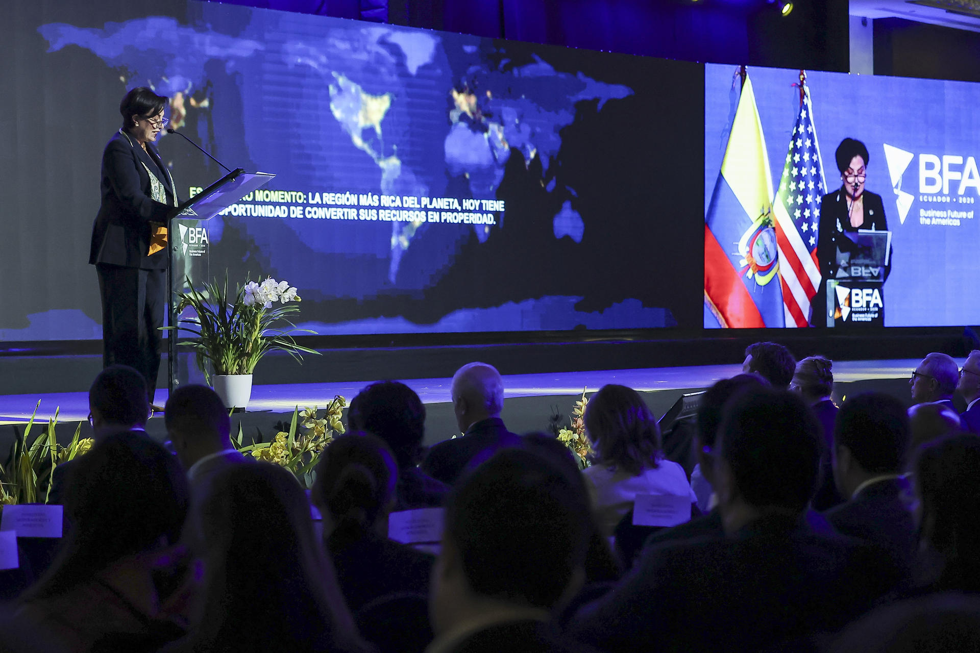 La canciller de Ecuador, Gabriela Sommerfeld, habla durante la inauguración del Business Future of the Americas (BFA) este 3 de junio de 2026, en Quito (Ecuador). EFE/ José Jácome
