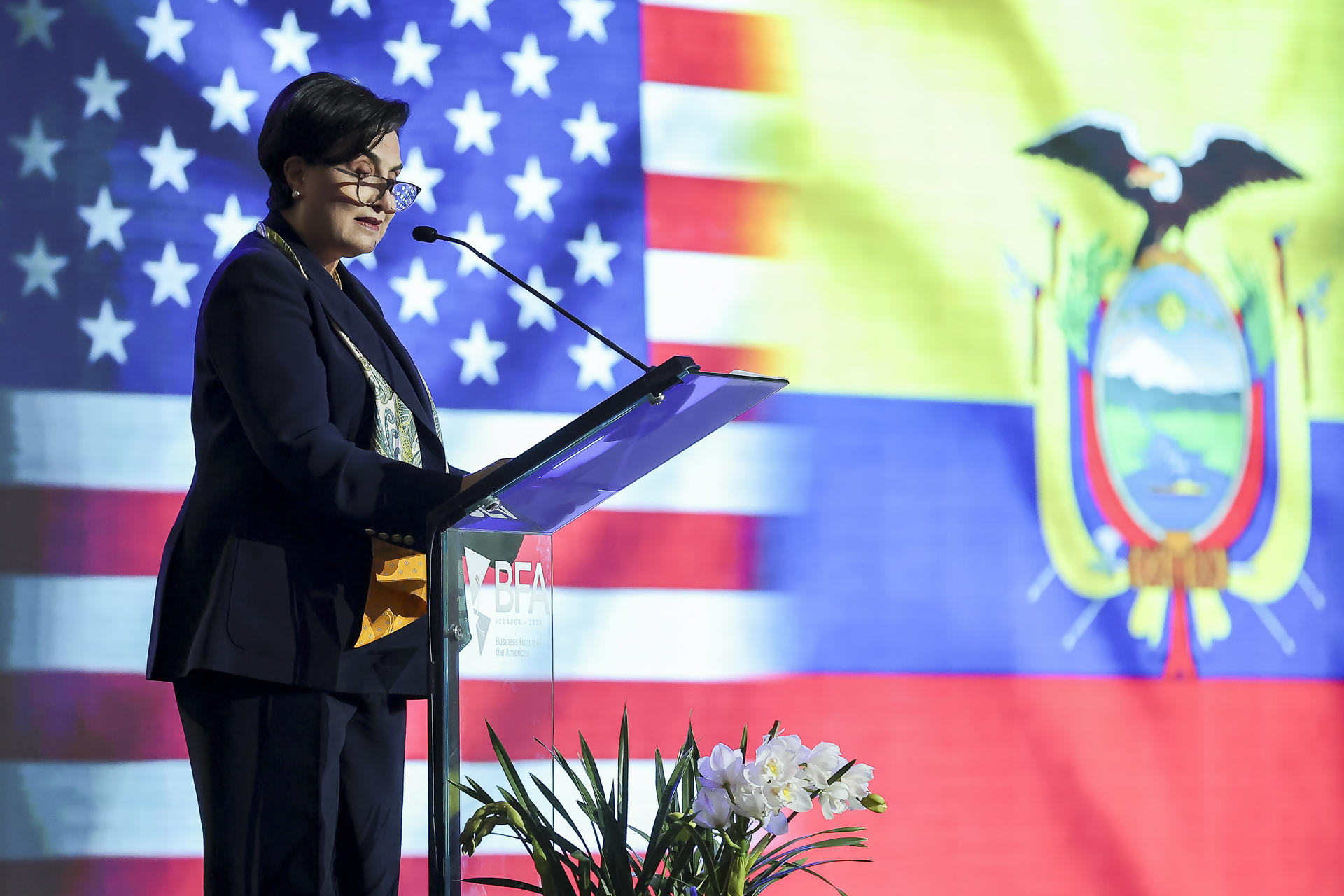 La canciller de Ecuador, Gabriela Sommerfeld, habla durante la inauguración del Business Future of the Americas (BFA) este 3 de junio de 2026, en Quito (Ecuador). EFE/ José Jácome
