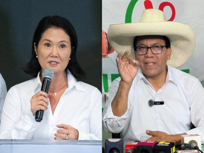 Combo de fotografías de archivo que muestra a los candidatos a la Presidencia de Perú, Keiko Fujimori (i) y Roberto Sánchez. EFE/ Renato Pajuelo/ Fernando Gimeno
