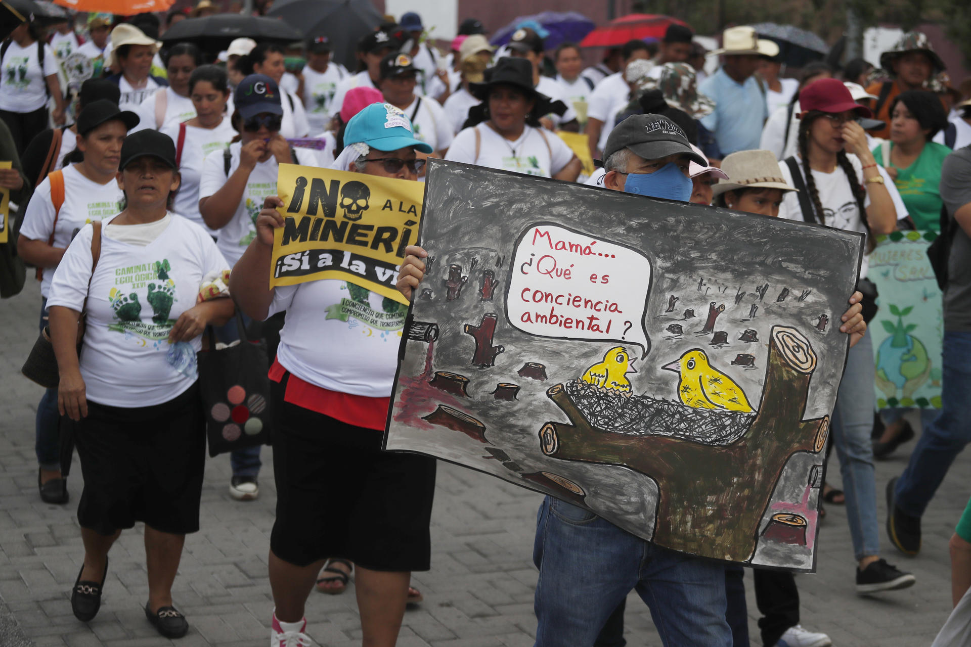 Personas participan en una marcha este viernes, durante el Día Mundial del Medio Ambiente, en San Salvador (El Salvador). EFE/ Rodrigo Sura
