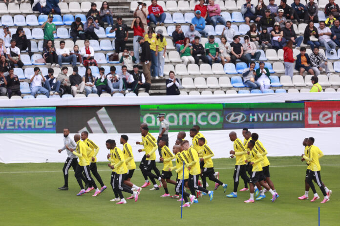 Jugadores de la Selección de fútbol de Sudáfrica participan en un entrenamiento, en Pachuca, en el estado de Hidalgo (México). EFE/David Martínez Pelcastre
