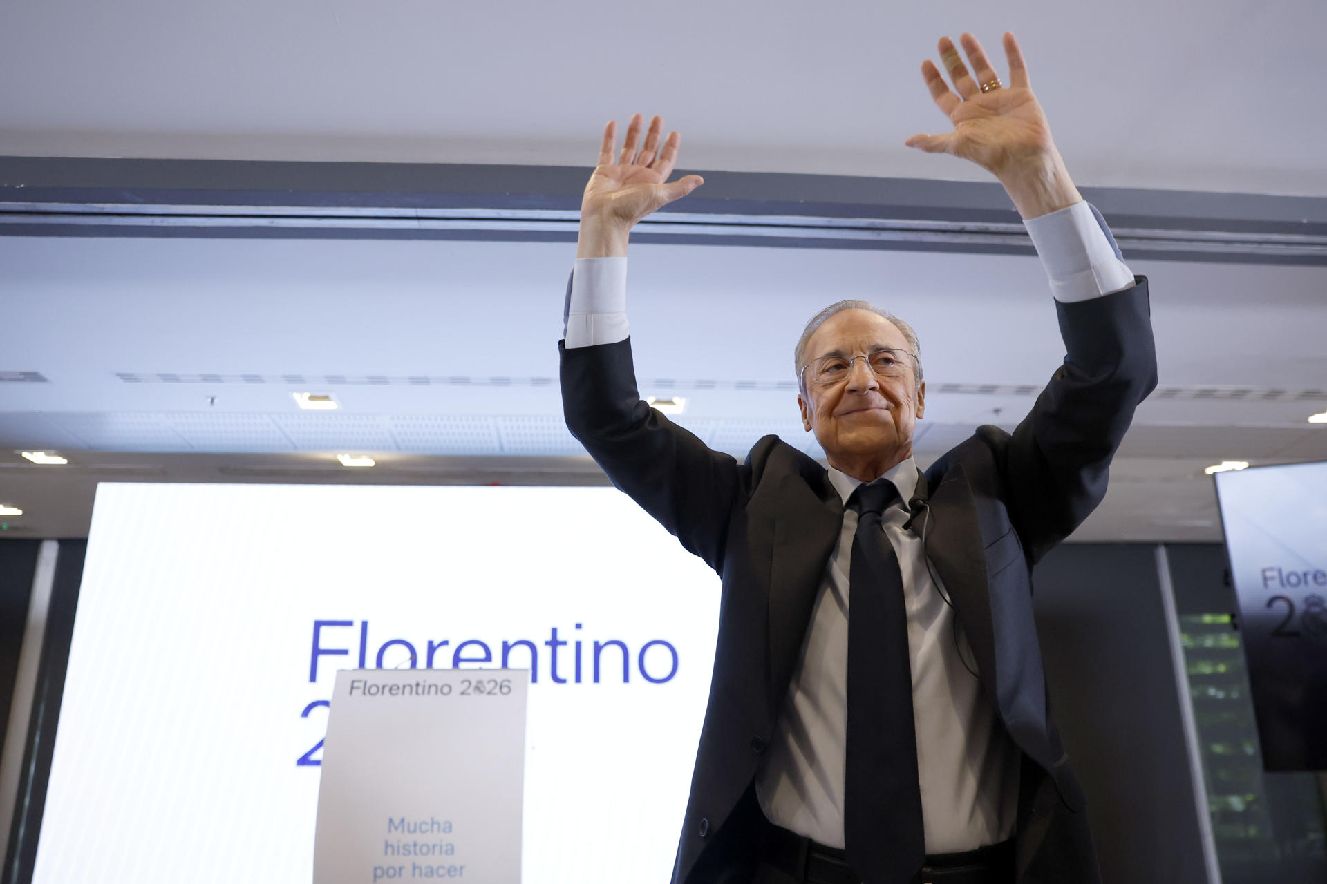 El presidente del Real Madrid y candidato a la reelección Florentino Pérez, en su cierre de campaña este sábado en la capital española. EFE/Javier Lizón
