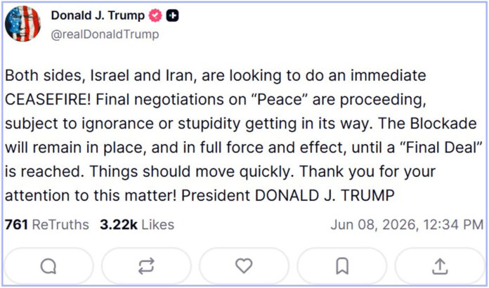 El presidente de Estados Unidos, Donald Trump, llamó el lunes a lrán e Israel a dejar de disparar 