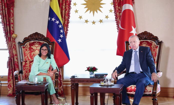 Fotografía cedida por el Palacio Miraflores de la presidenta encargada de Venezuela, Delcy Rodríguez, en una reunión con su homólogo de Turquía, Recep Tayyip Erdoğan, este lunes, en Ankara (Turquía). EFE/ Palacio Miraflores  /SOLO USO EDITORIAL/NO VENTAS/ SOLO DISPONIBLE PARA ILUSTRAR LA NOTICIA QUE ACOMPAÑA (CRÉDITO OBLIGATORIO)
