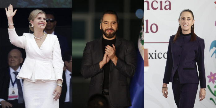 Combo de fotografías de archivo de los presidentes de El Salvador, Nayib Bukele (c), de México, Claudia Sheinbaum (d), y de Costa Rica, Laura Fernández. EFE/ José Méndez/ Rodrigo Sura/ Jeffrey Arguedas/ ARCHIVO
