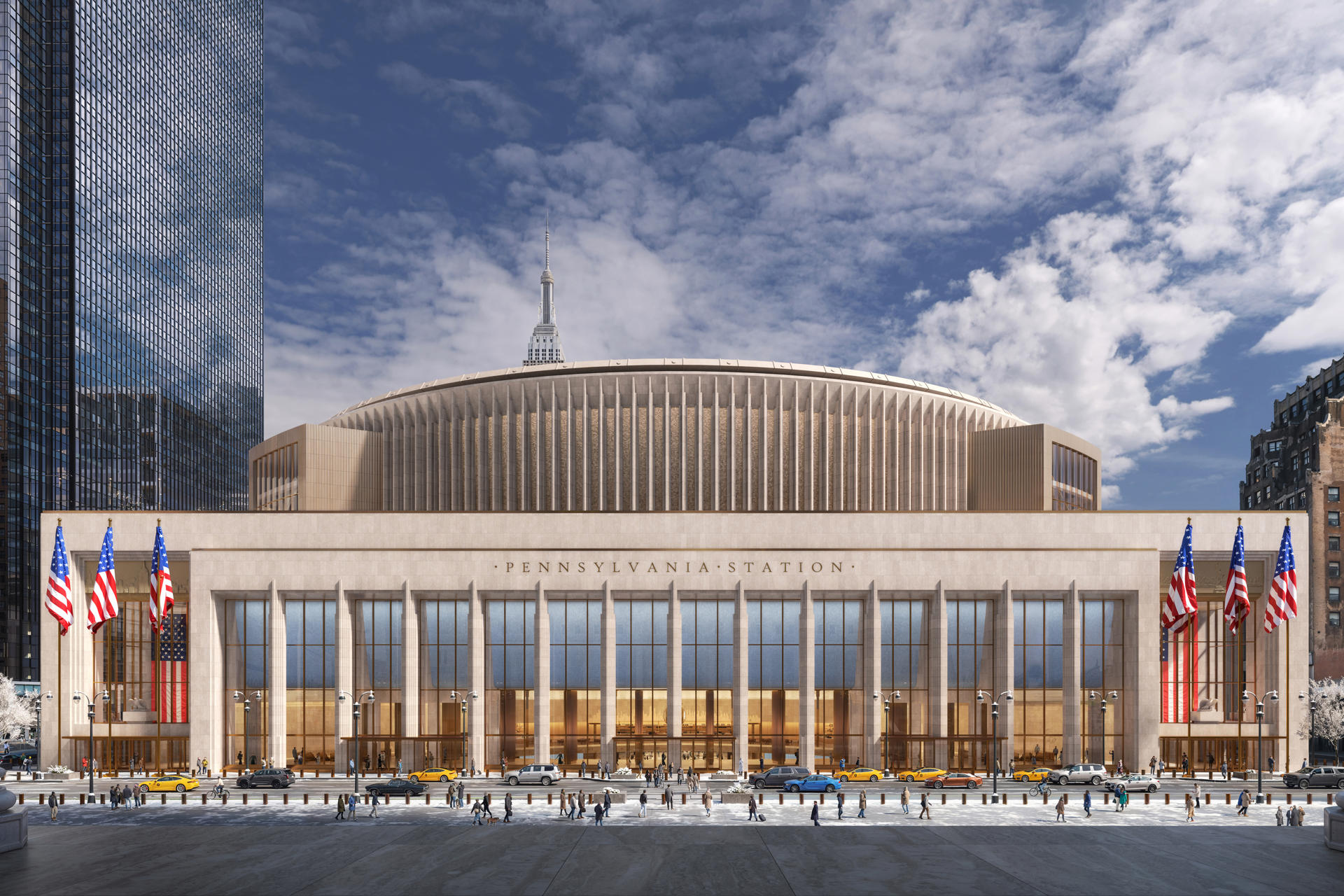 Fotografía cedida por DBOX y PAU que muestra una ilustración conceptual de la fachada de la Estación Pennsylvania (Penn Station), en Nueva York (EE.UU.). EFE/ DBOX y PAU /SOLO USO EDITORIAL/ NO VENTAS/ SOLO DISPONIBLE PARA ILUSTRAR LA NOTICIA QUE ACOMPAÑA (CRÉDITO OBLIGATORIO)