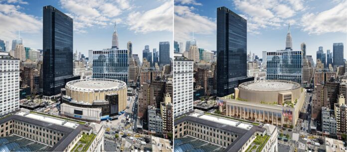 Combo de fotografías cedidas por DBOX y PAU que muestra dos fotografías, una foto del antes (i), y una ilustración (d) de la remodelación de la Estación Pennsylvania (Penn Station), en Nueva York (EE.UU.). EFE/ DBOX y PAU
