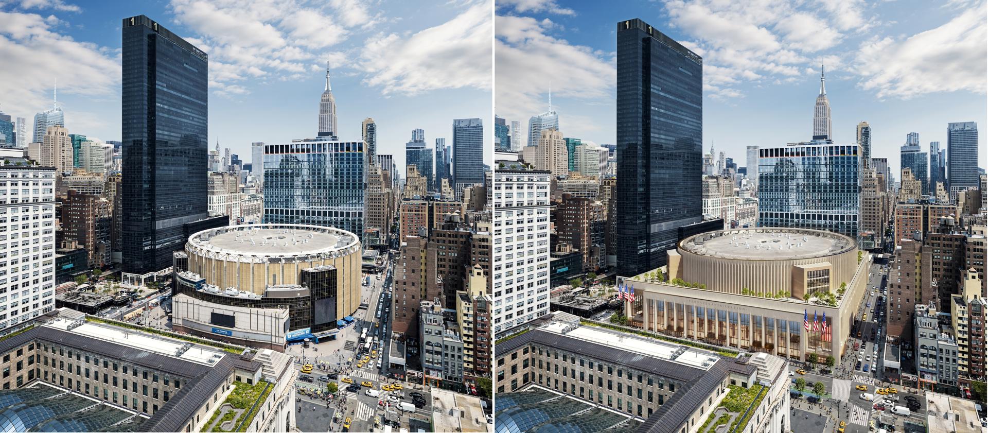 Combo de fotografías cedidas por DBOX y PAU que muestra dos fotografías, una foto del antes (i), y una ilustración (d) de la remodelación de la Estación Pennsylvania (Penn Station), en Nueva York (EE.UU.). EFE/ DBOX y PAU /SOLO USO EDITORIAL/ NO VENTAS/ SOLO DISPONIBLE PARA ILUSTRAR LA NOTICIA QUE ACOMPAÑA (CRÉDITO OBLIGATORIO)
