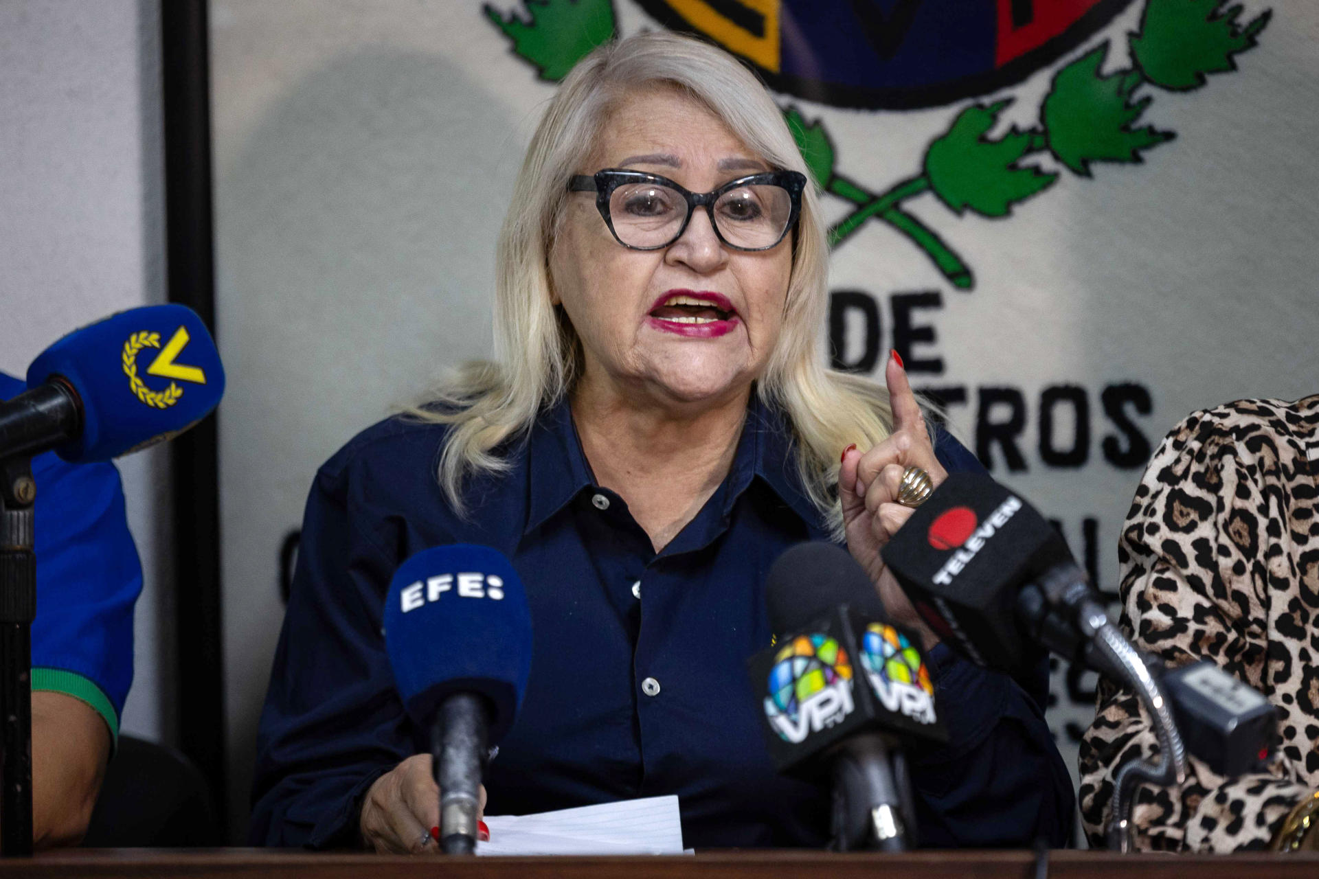 La presidenta de la Federación Venezolana de Maestros (FVM), Carmen Teresa Márquez, fue captada este 10 de junio, durante una rueda de prensa, en Caracas (Venezuela). EFE/Ronald Peña
